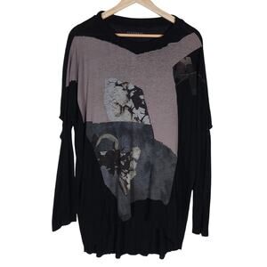 Allsaints Top XS Asymmetrical Bell Wave Black Graphic Draped Grunge Avant Garde